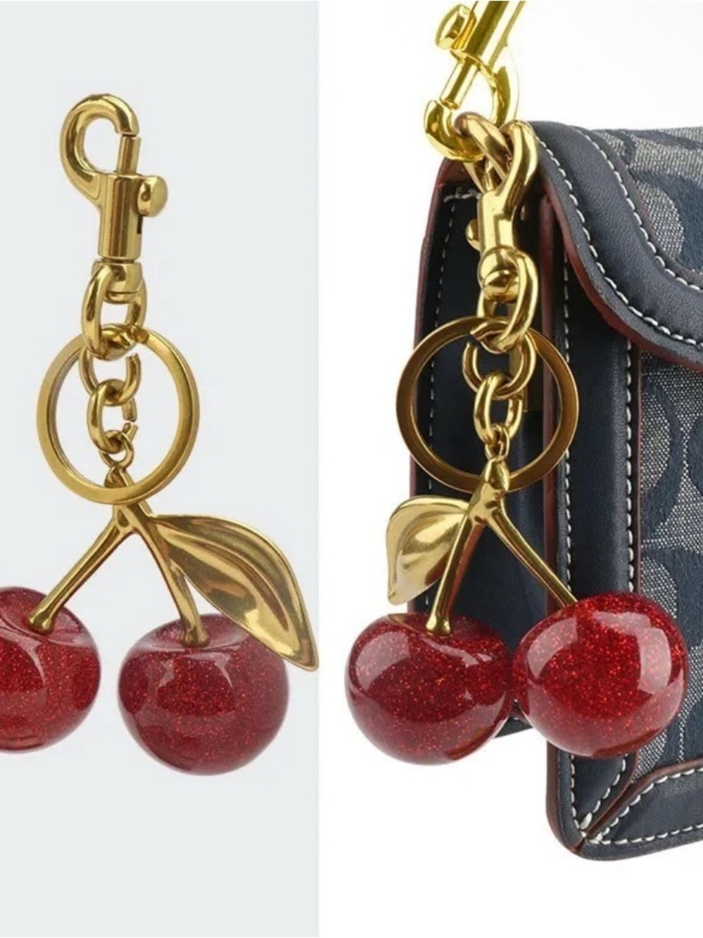 COACH Gold Cherry Keychain with Glitter Red Cherries - Picture 5 of 10